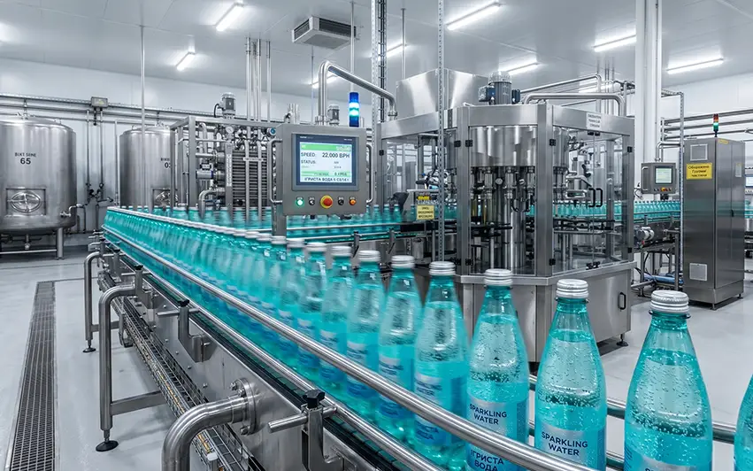 High-speed PET bottling line with conveyor system