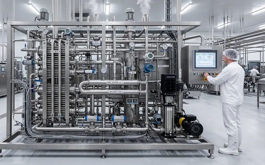 Industrial dairy processing plant with stainless steel UHT and filling systems