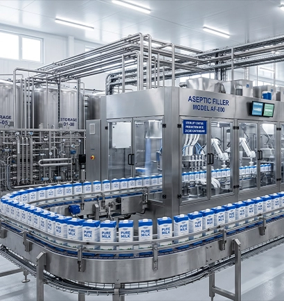 Industrial dairy processing plant with stainless steel UHT and filling systems
