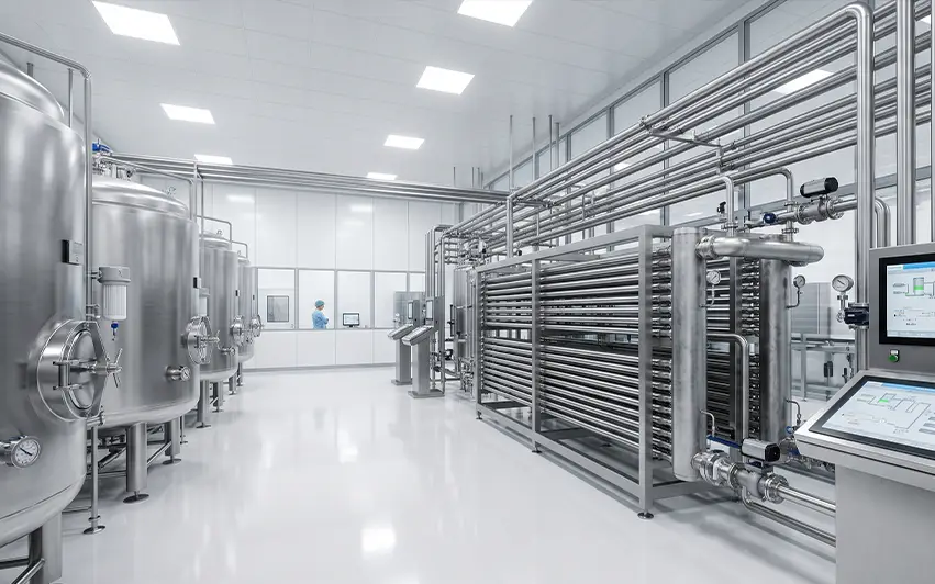 Aseptic UHT processing system with stainless steel heat exchangers and sterile tanks